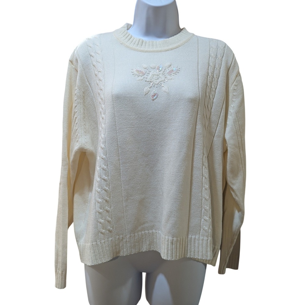 Haband Vtg Womens Cream Cable Knit Sweater Sequin Embroidered Grannycore Large‎